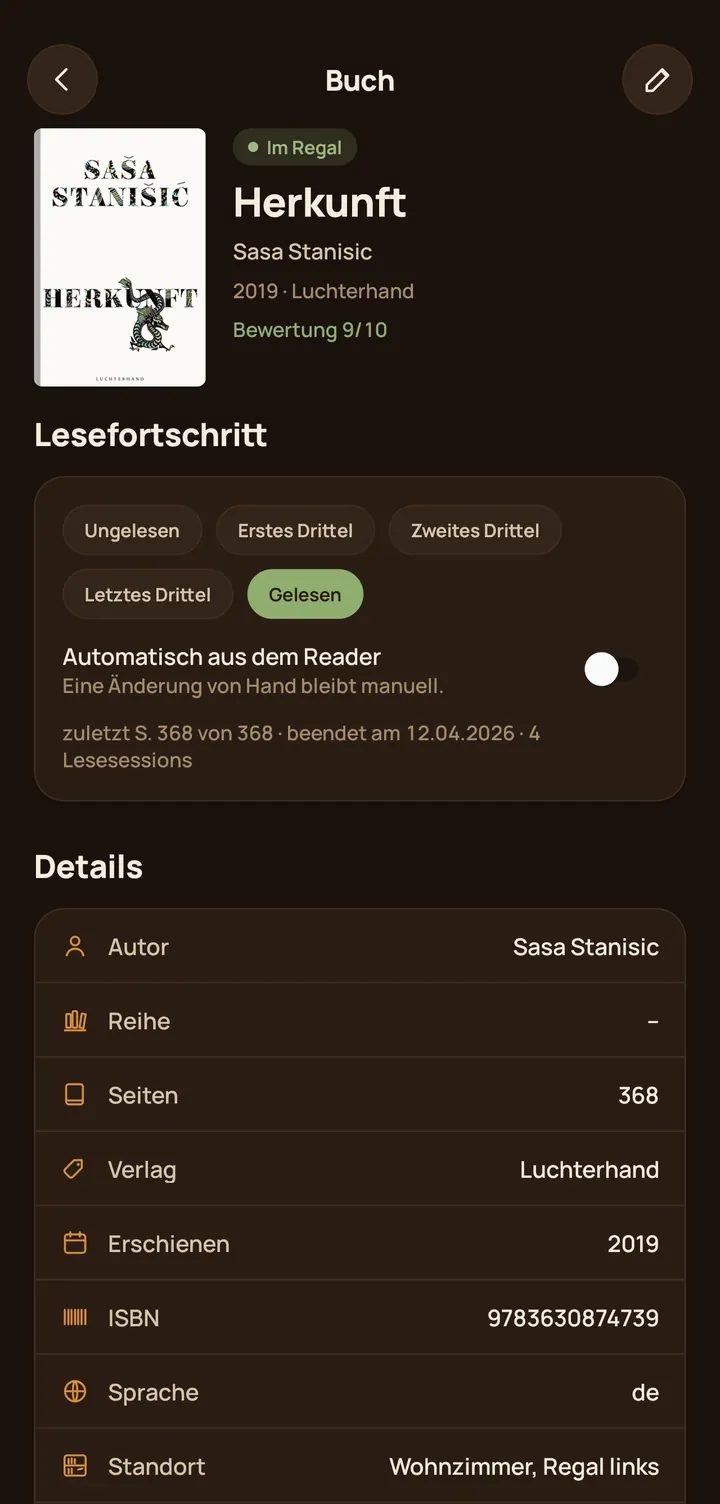 Buchregal Detailansicht eines Buches mit Bewertung und Lesefortschritt