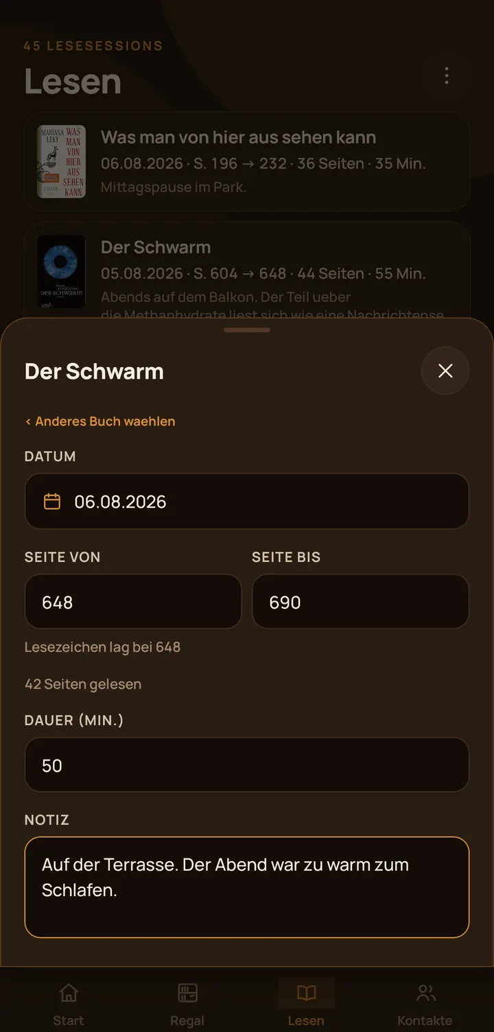 Buchregal: Lesesession erfassen