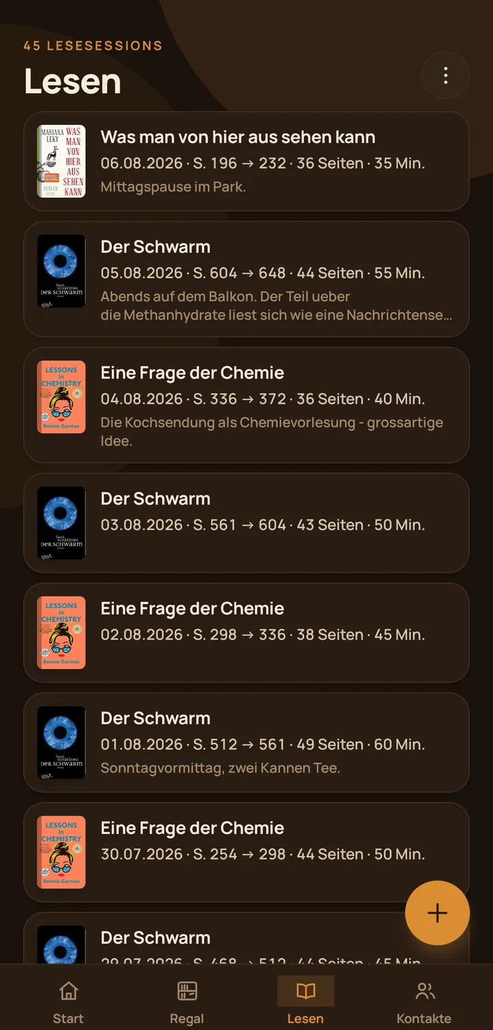 Buchregal Leseverlauf mit protokollierten Lesesessions