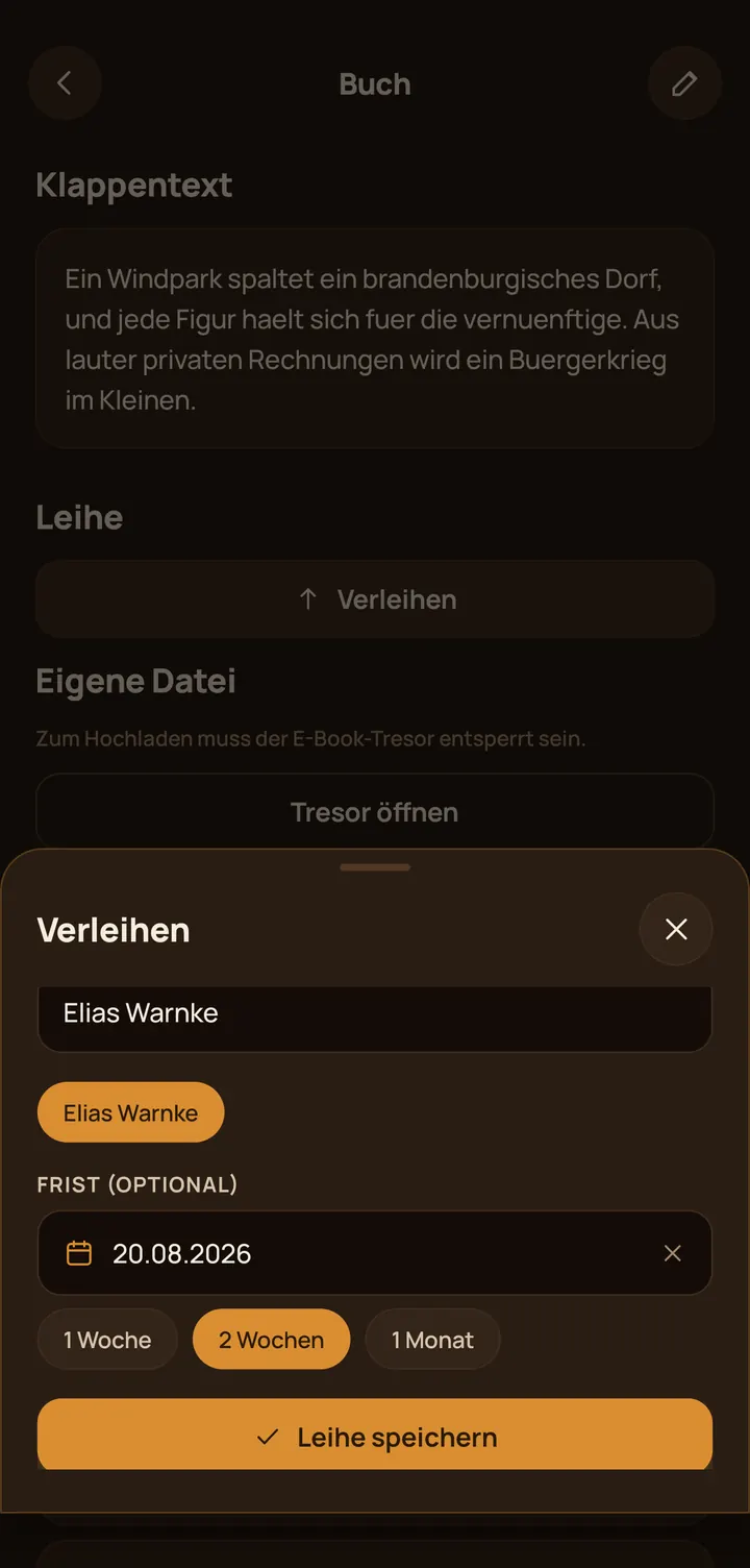 Buchregal Dialog zum Verleihen mit Kontakt und Frist
