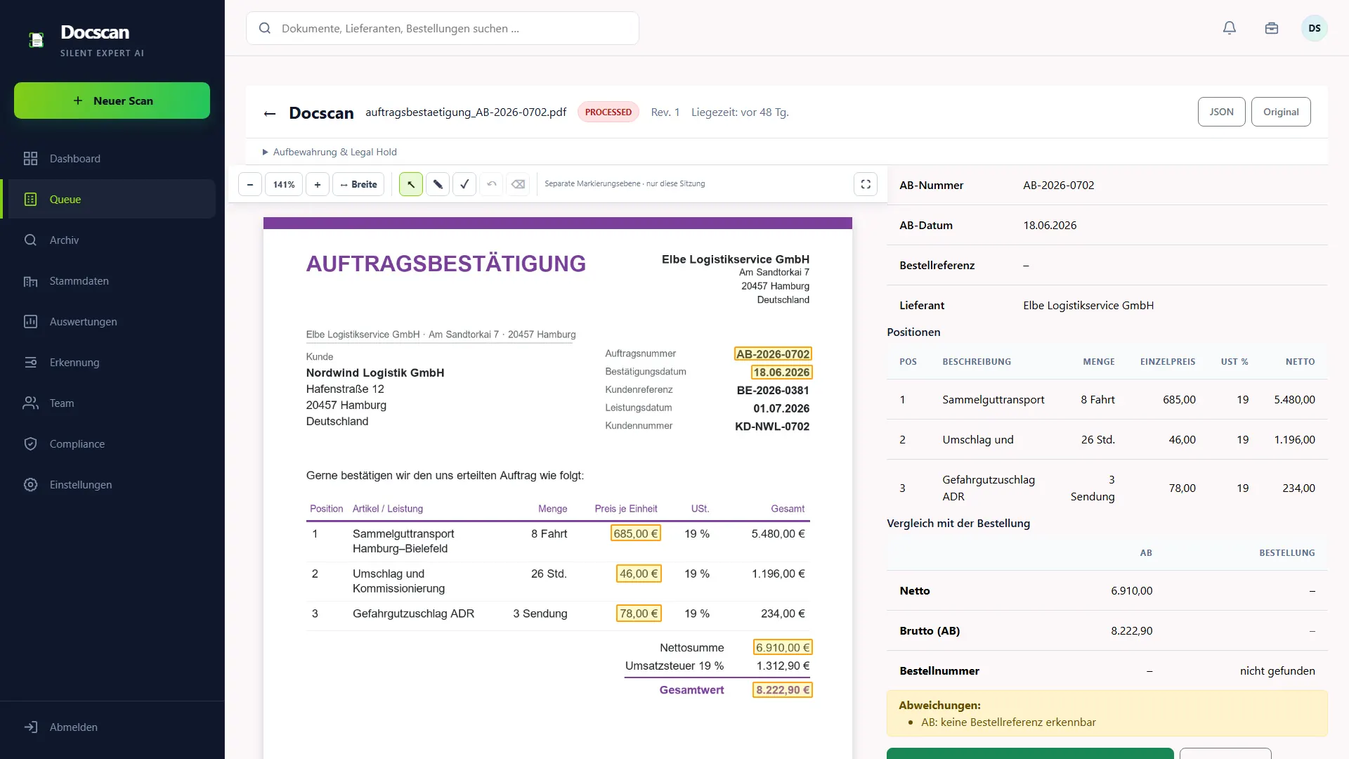 DocScan Auftragsbestätigung im Abgleich mit der Bestellung
