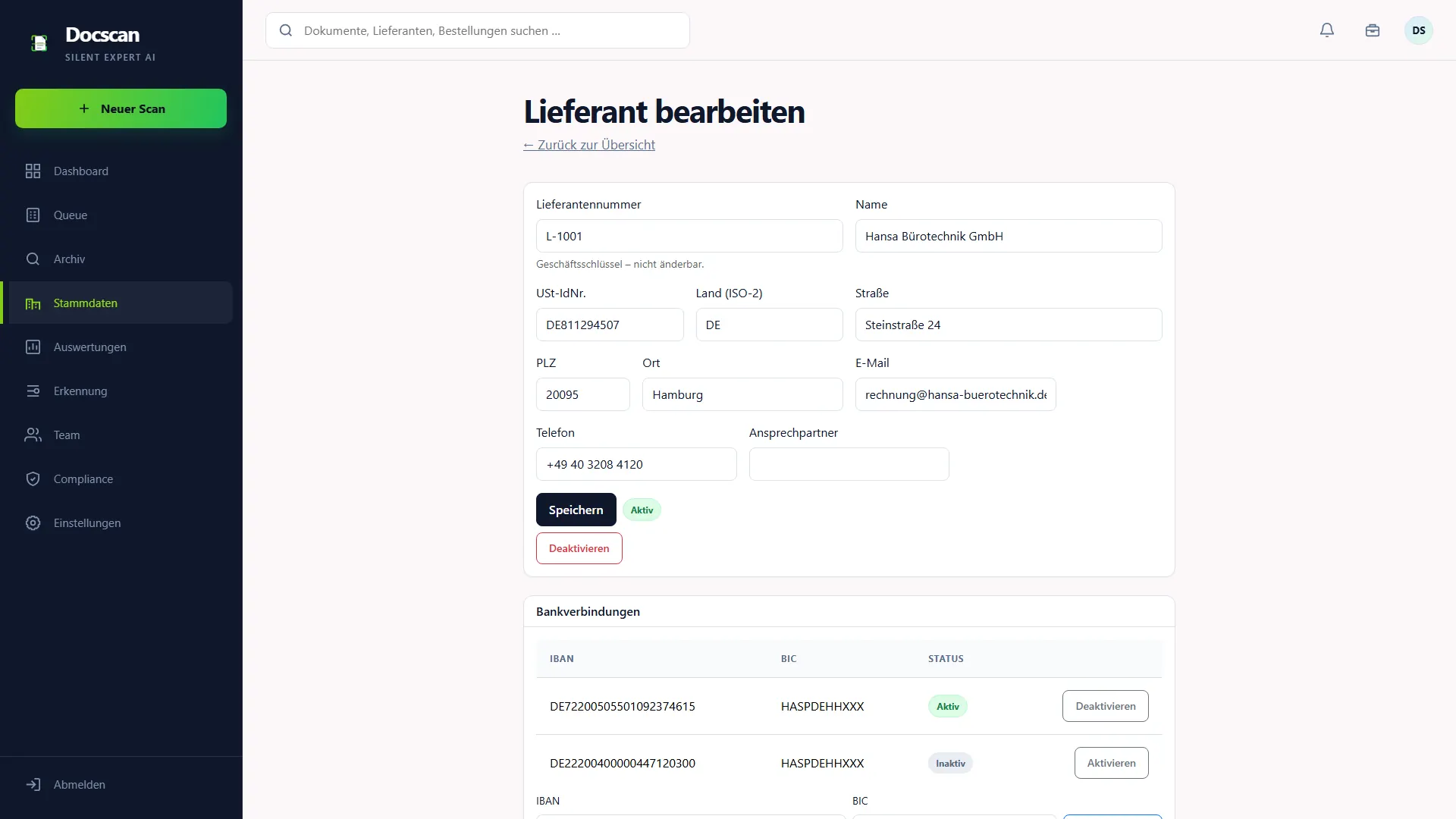 DocScan: Lieferant im Detail – Bankverbindungen und Kennungen