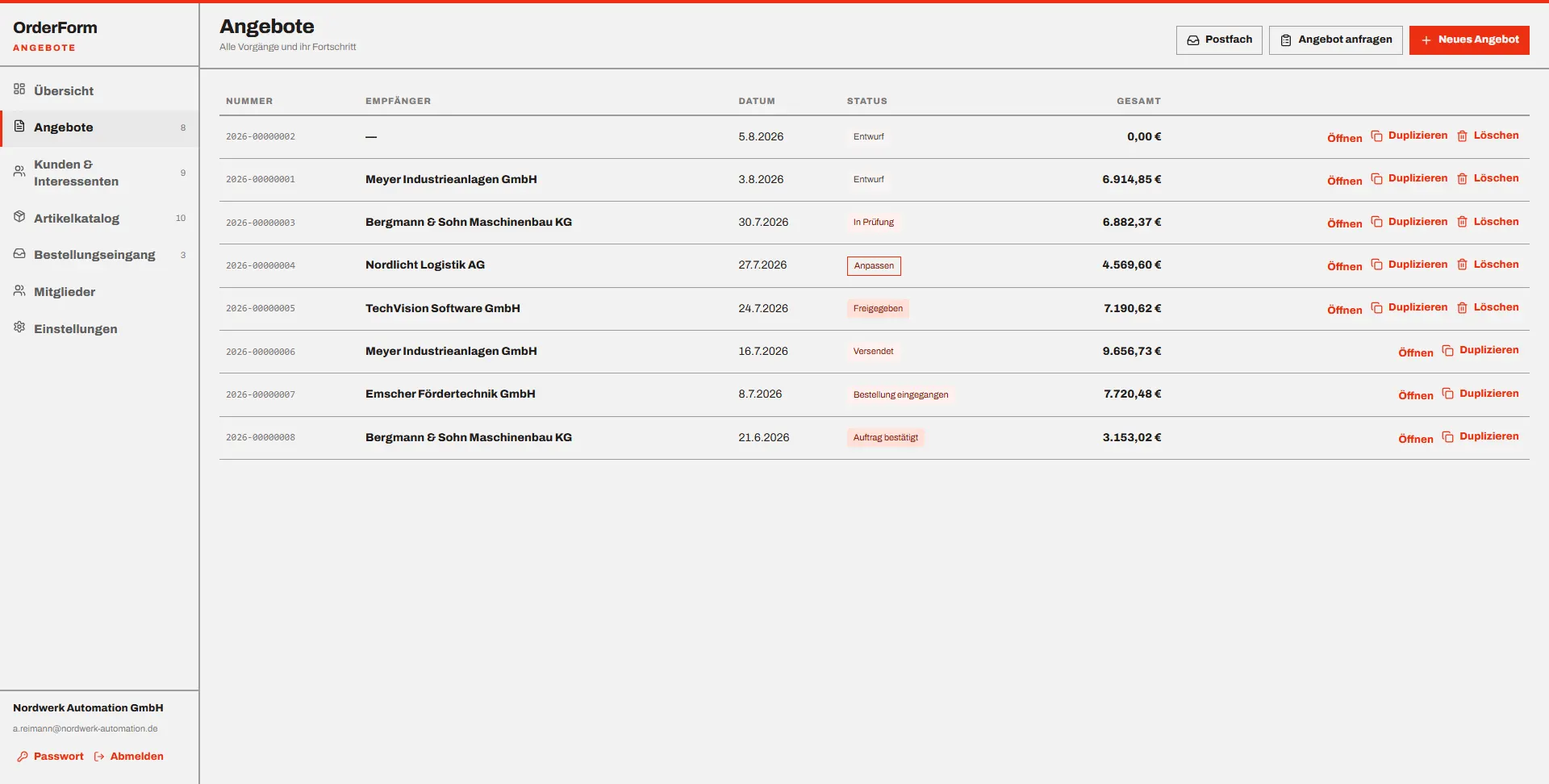 OrderForm Angebotsliste mit Nummer, Empfänger, Status und Gesamtbetrag