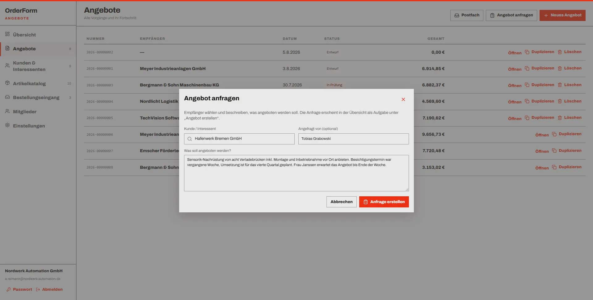 OrderForm: Angebot anfragen