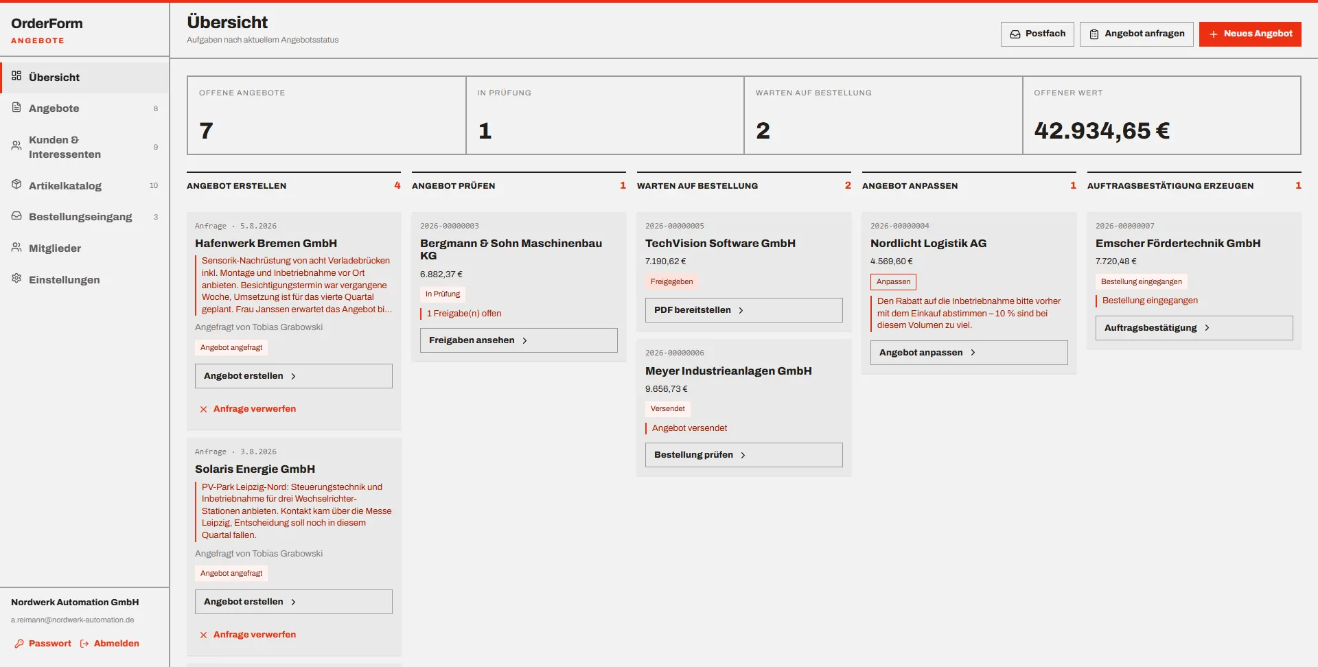 OrderForm Board mit einer eingegangenen Angebotsanfrage
