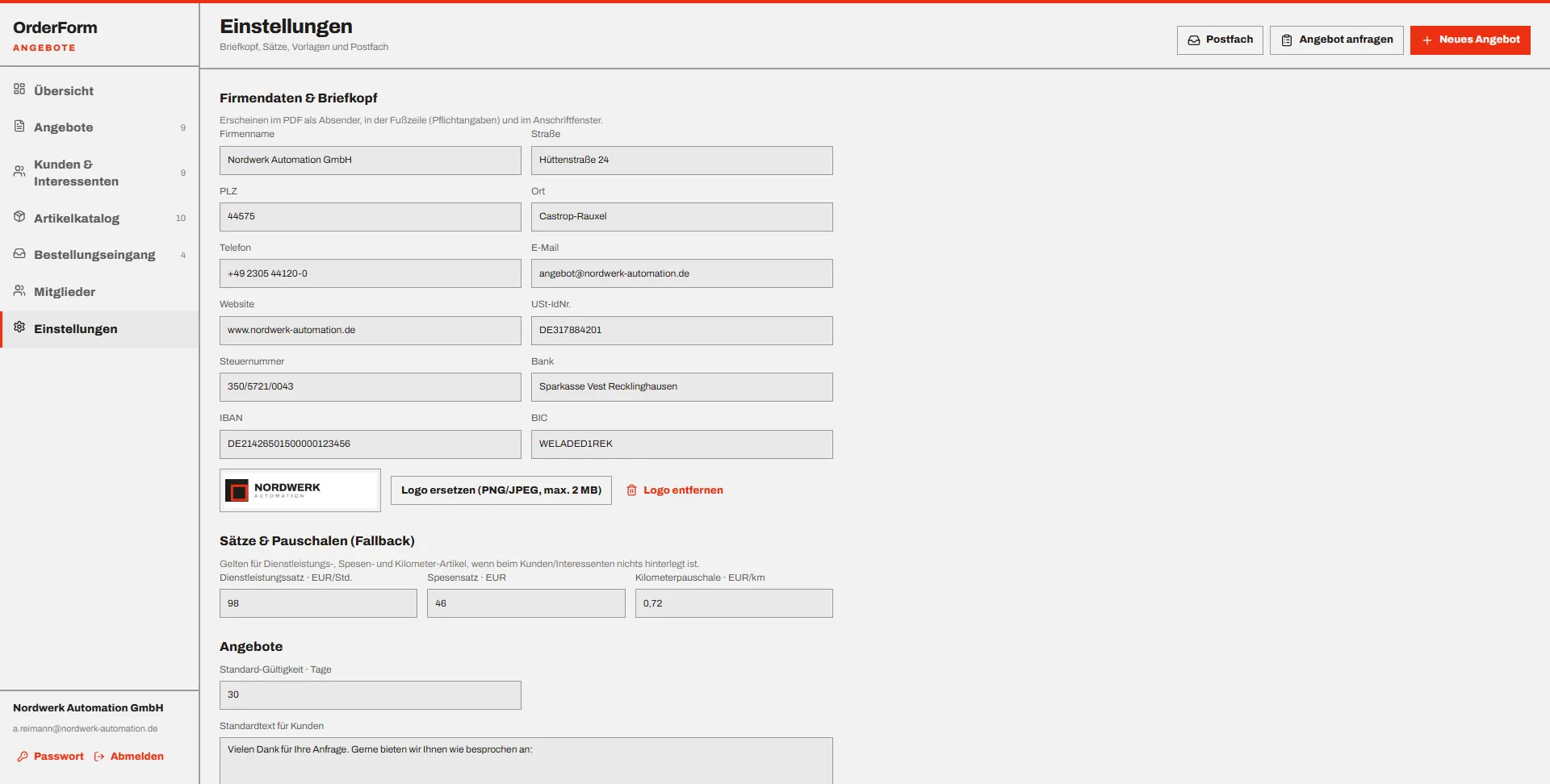 OrderForm: Einstellungen · Briefkopf