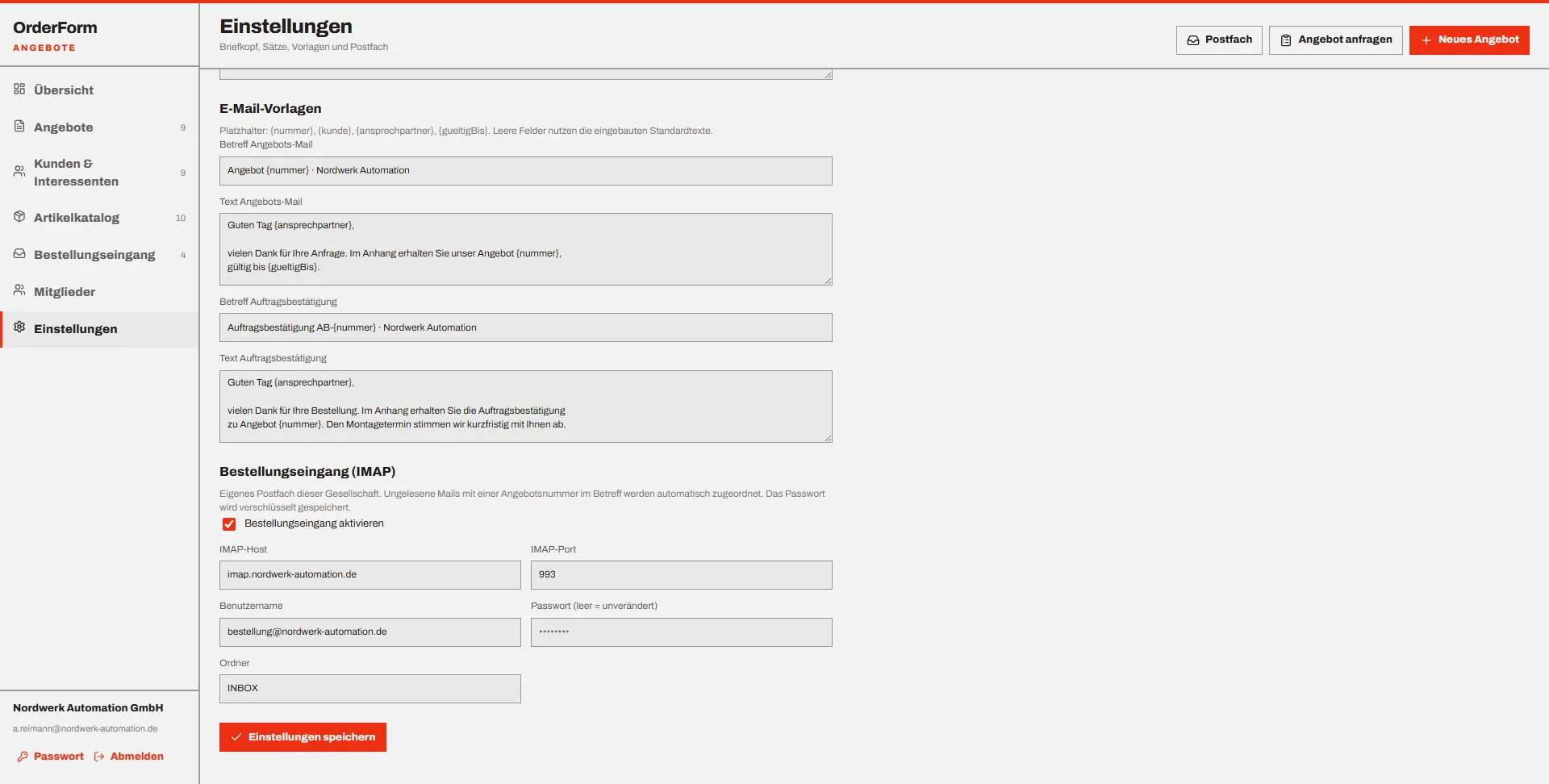 OrderForm: Einstellungen · Mail & Postfach