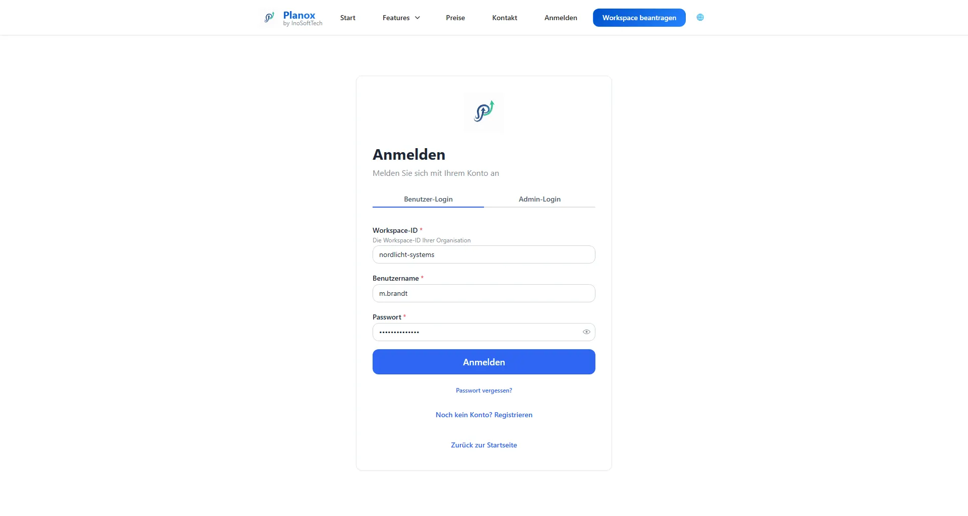 Planox: Anmeldung am Arbeitsbereich