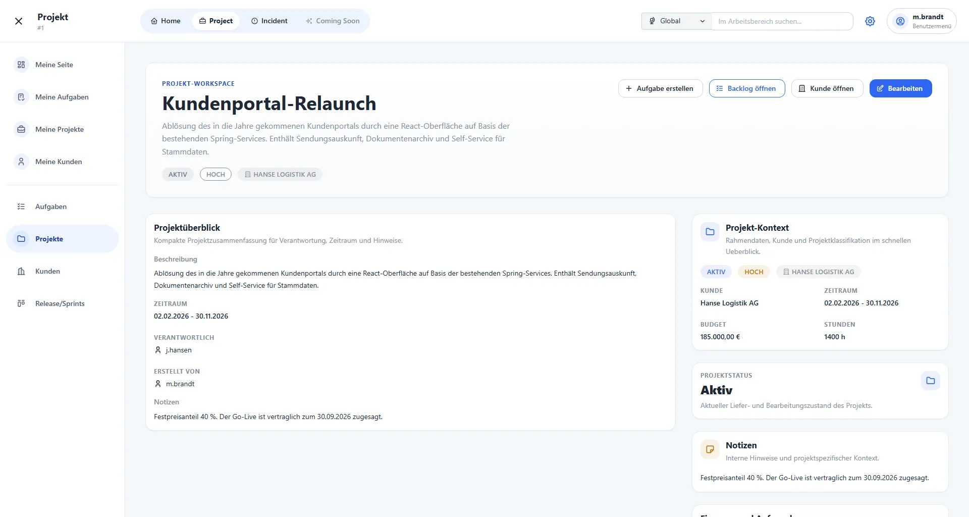Planox Projektakte mit Budget, Zeitraum und verknüpftem Kunden