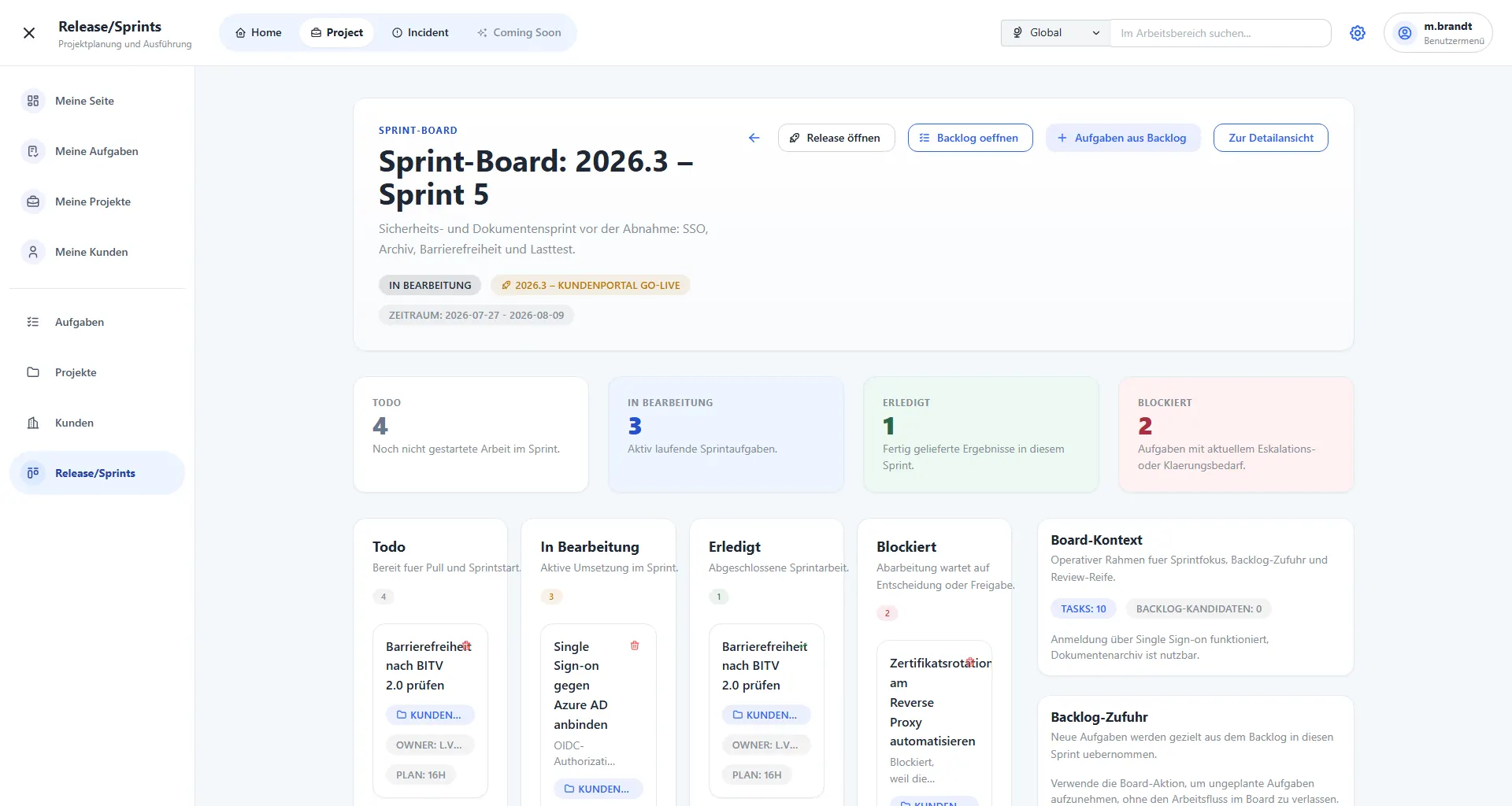 Planox Sprint-Board mit den Spalten Todo, In Bearbeitung, Erledigt und Blockiert