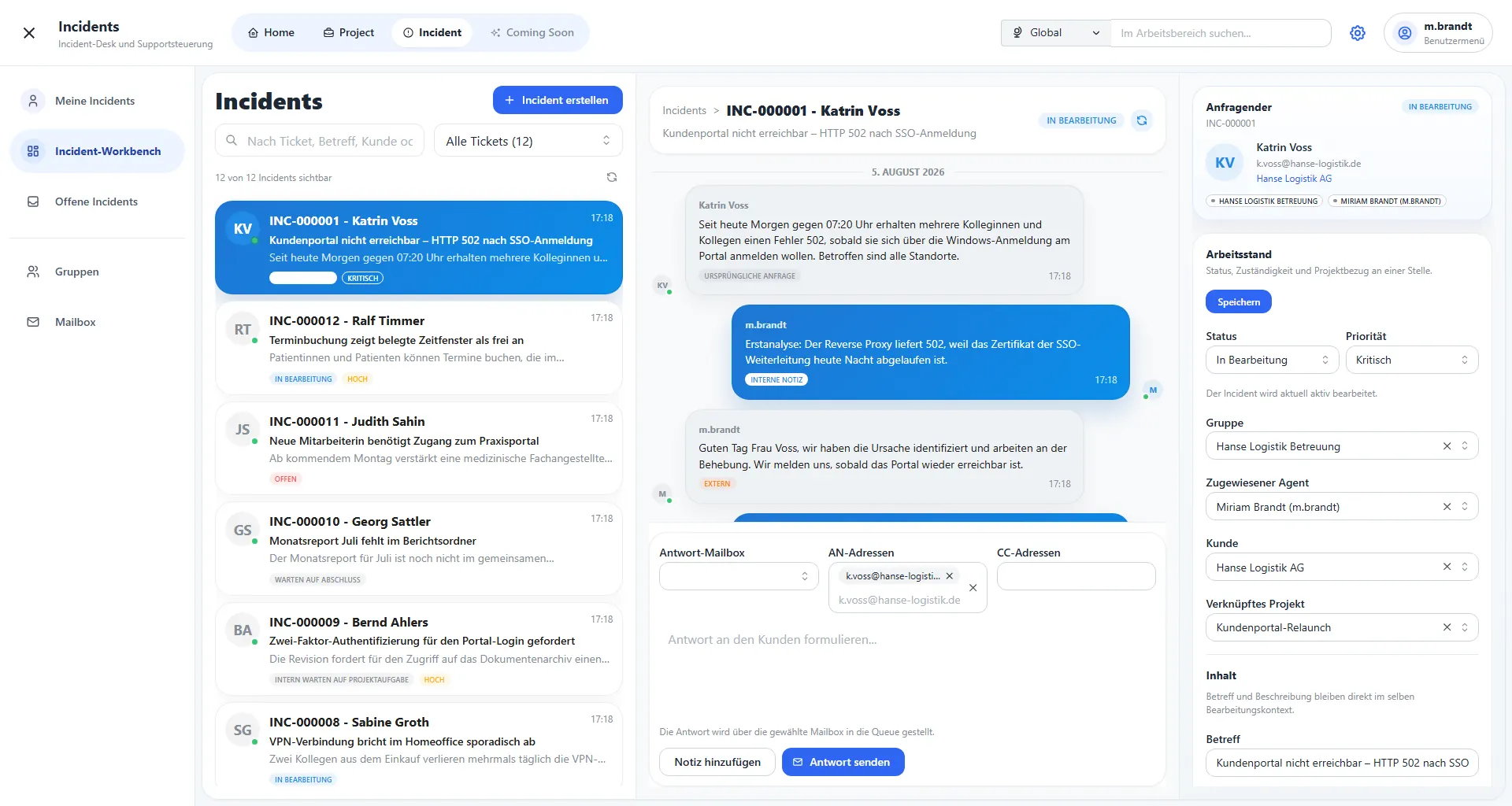 Planox Incident-Desk mit Ticketliste, Vorgang und Arbeitsstand