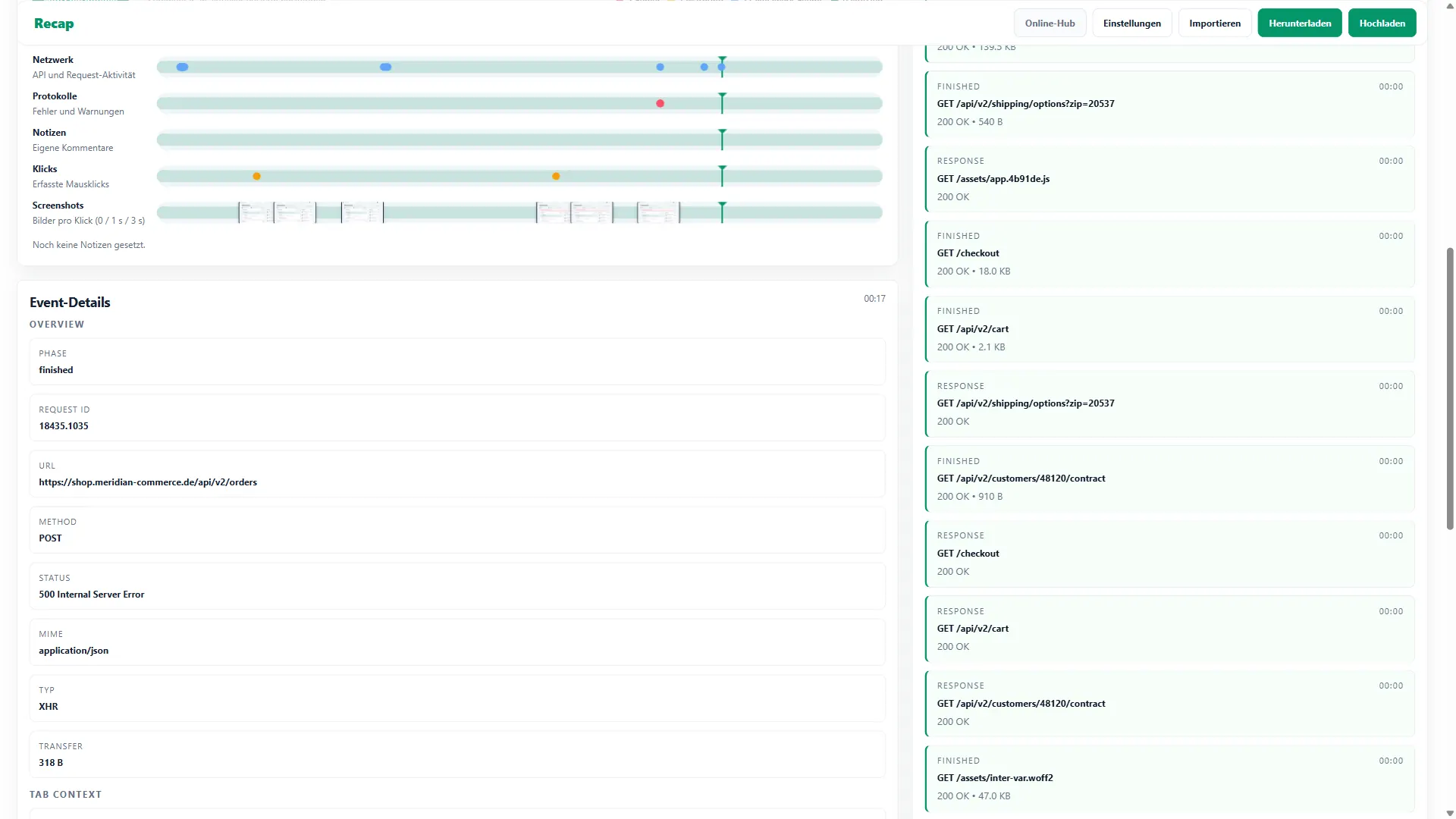 Recap Ereignisdetail eines fehlgeschlagenen Requests mit Statuscode 500