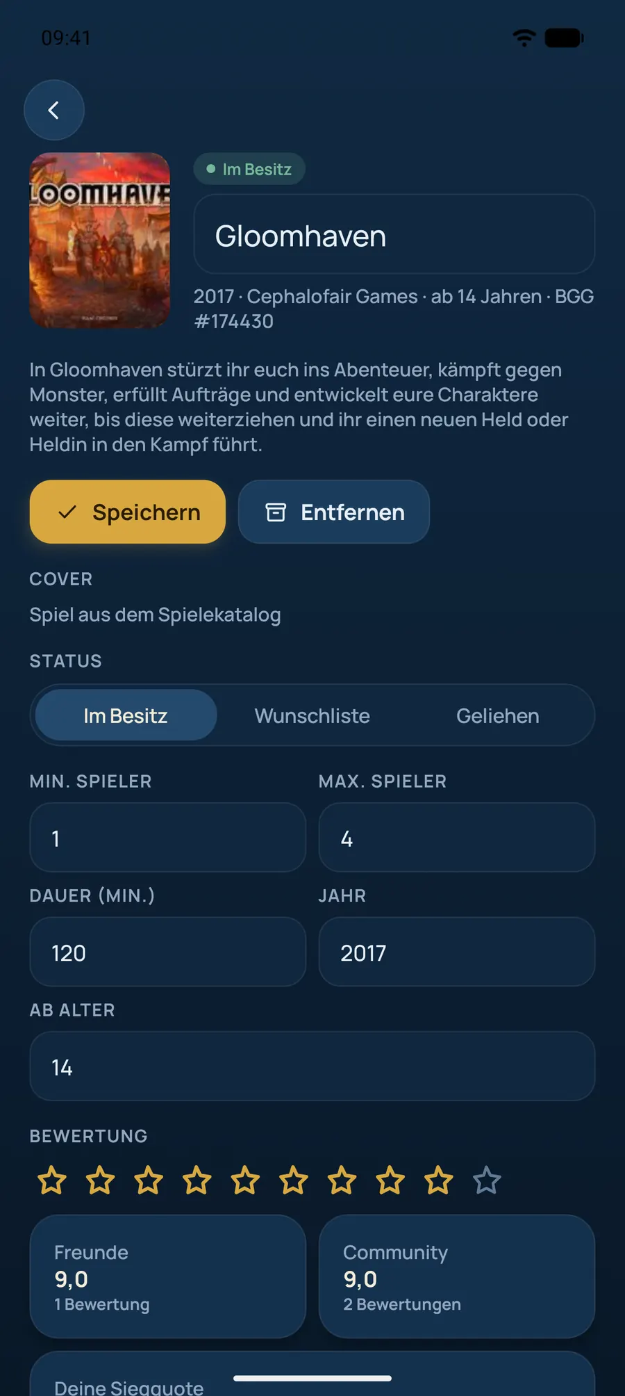 Spielregal Detailansicht von Gloomhaven mit Bewertungsvergleich
