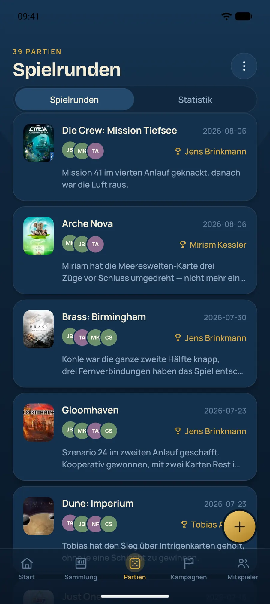 Spielregal Liste der erfassten Partien mit Siegern und Notizen